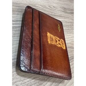 Mens Leather Money Clip Card Holder Wallet Tiki Design Brown Bifold Hawaii